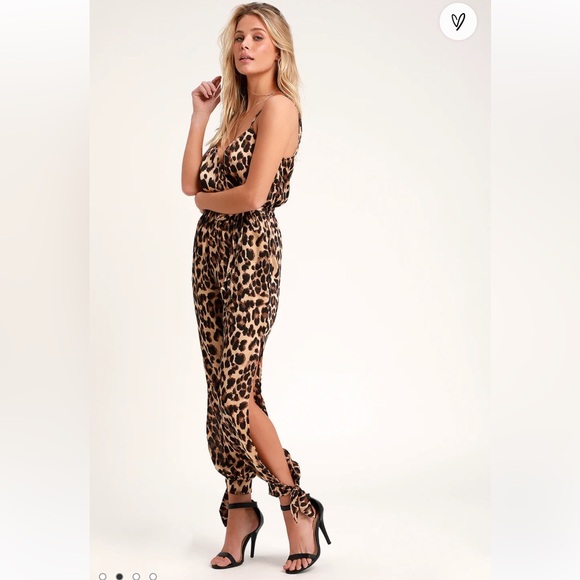 Lulu's Brown Leopard Print Satin Jumpsuit - Picture 3 of 4